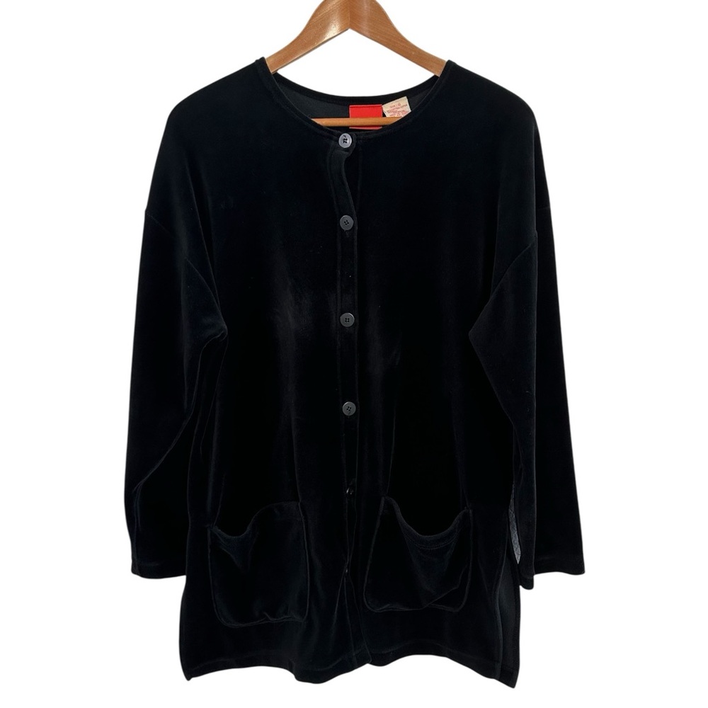 Liz & Co. Vintage Black Button Front Velvet Cardigan with Pockets size Small - Picture 2 of 10